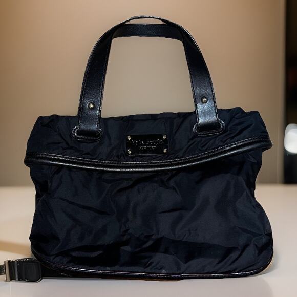 Kate Spade New York Nylon Tote Bag Black /Black Leather Trim Polka Dot Lining - Picture 1 of 9
